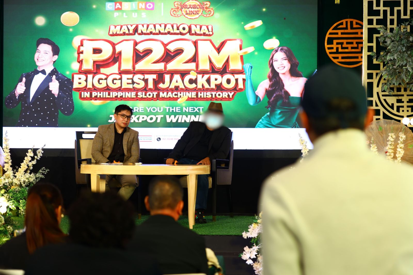 The jackpot winner, dubbed as "Dragon King," answers questions from the media moderated by Casino Plus Assistant Corporate Communications Manager Job Manahan during the ceremonial jackpot turnover on Sept. 9, 2026. 